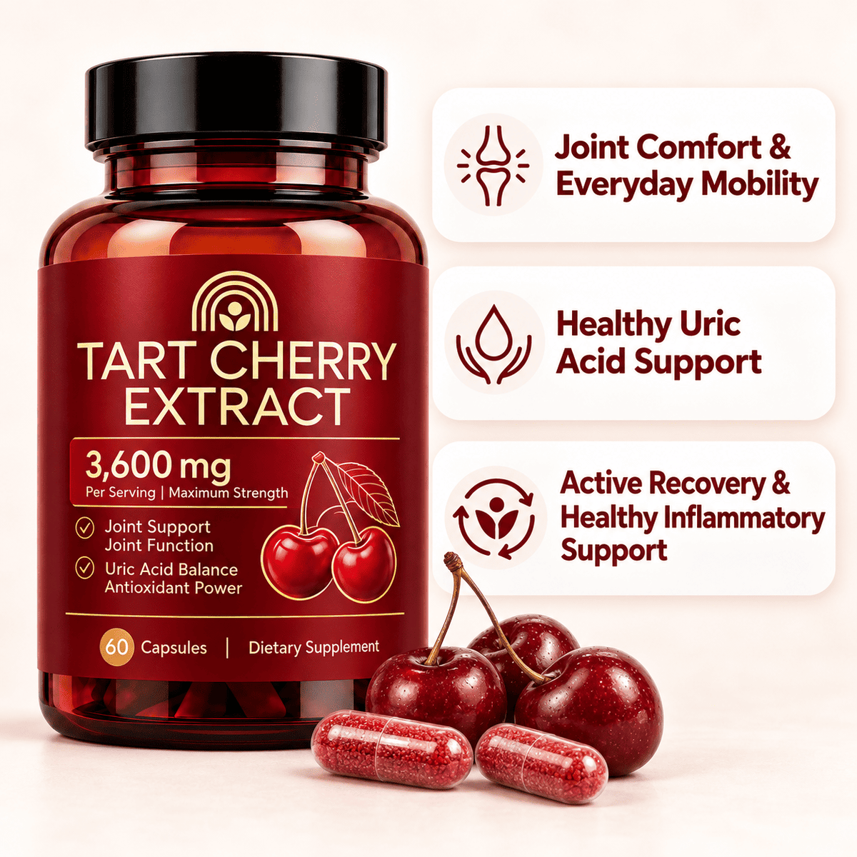 Vessara Tart Cherry Extract bottle, 60 capsules, 3,600 mg per serving